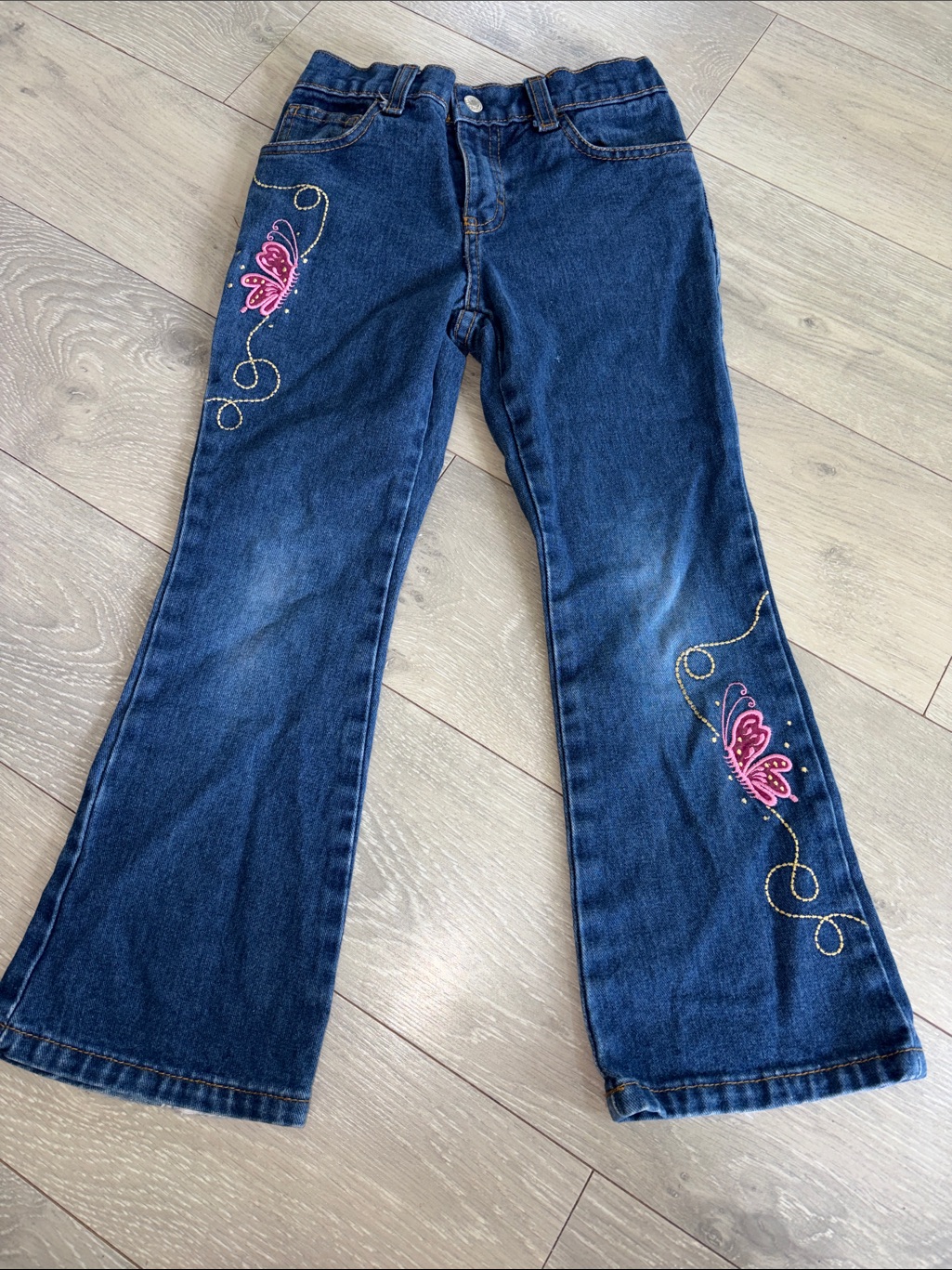 Jordache Dark Blue Denim Flare Jeans With Pink Butterfly Embroidery